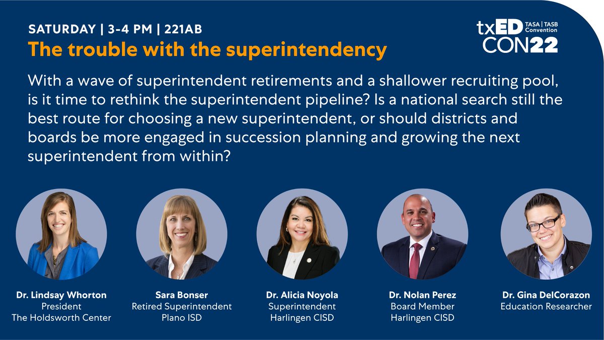 Hey #txEDCON22! Join us in in 221AB at 3:00 for a conversation about the trouble with the superintendency. See you soon!