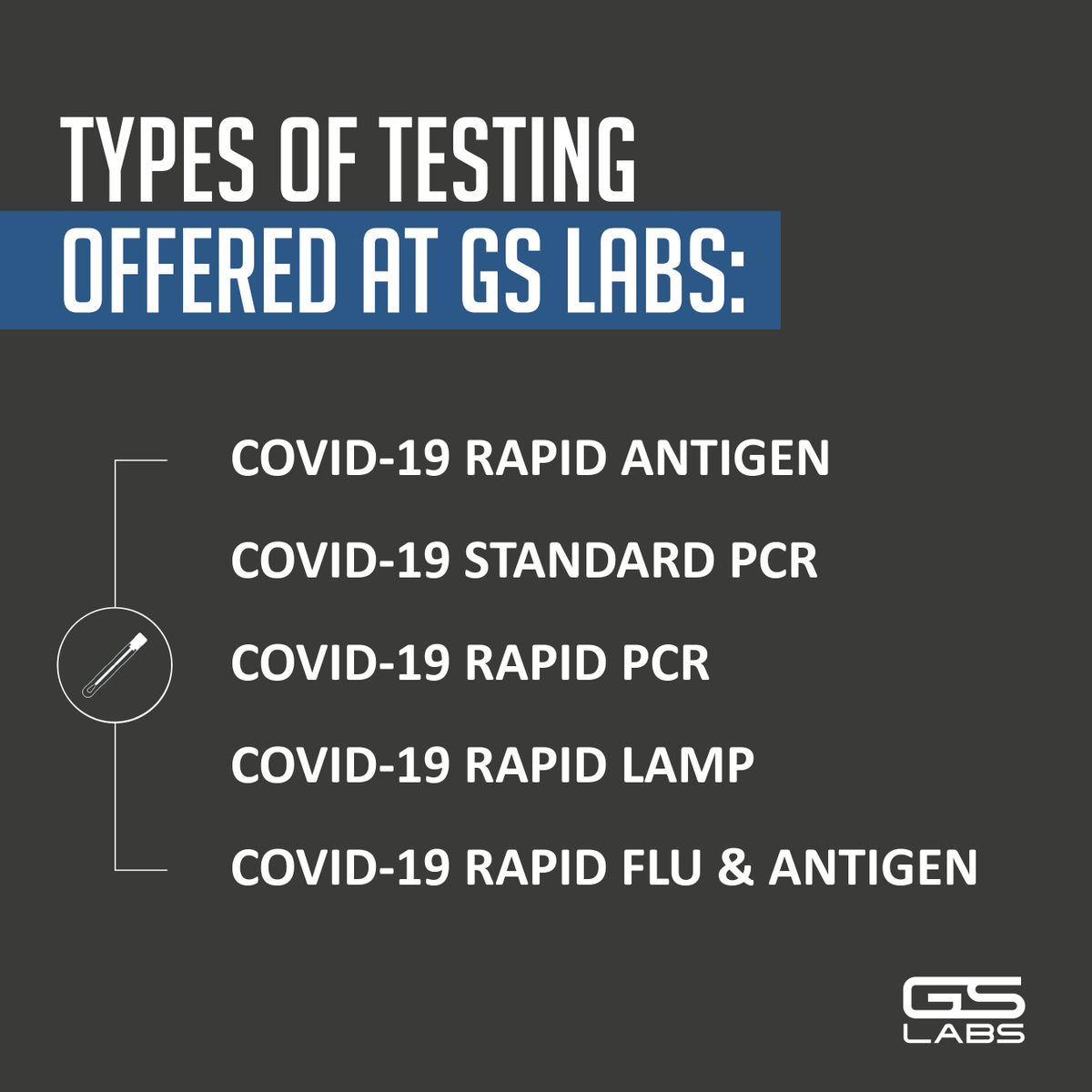GSLabsTestingUS's tweet photo. The five testing options that we have available here at GS Labs are listed below! 

If you are seeking any of the tests listed, visit our website to schedule your appointment today. ⬇️
📲 https://t.co/uobcl2ztqm https://t.co/EPLph4C7Yc