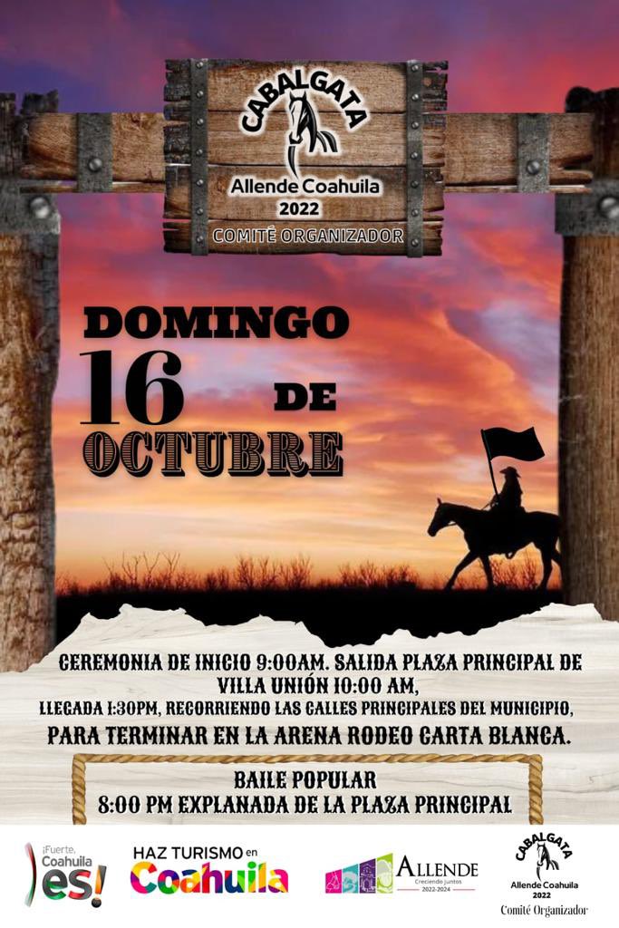 Coahuila's tweet photo. En octubre, prepárate para hacer turismo responsable en Allende #Coahuila.
🗓️ 15 Participa en el #AsadoFest
🗓️ 16 Ponte en modo vaquero para la Cabalgata.
¡Haz turismo responsable en Coahuila! https://t.co/5HAVgKTZu3