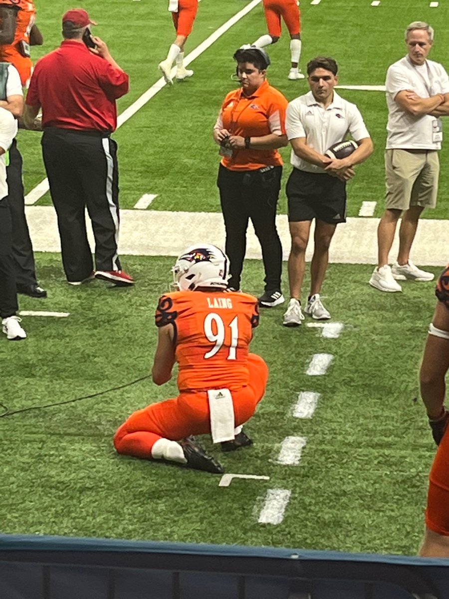 Former Champion football player Ethan Laing goes through some kicking drills for the UTSA team on Saturday in the Dome. The Roadrunners host Texas Southern and Laing is a punter on the team.