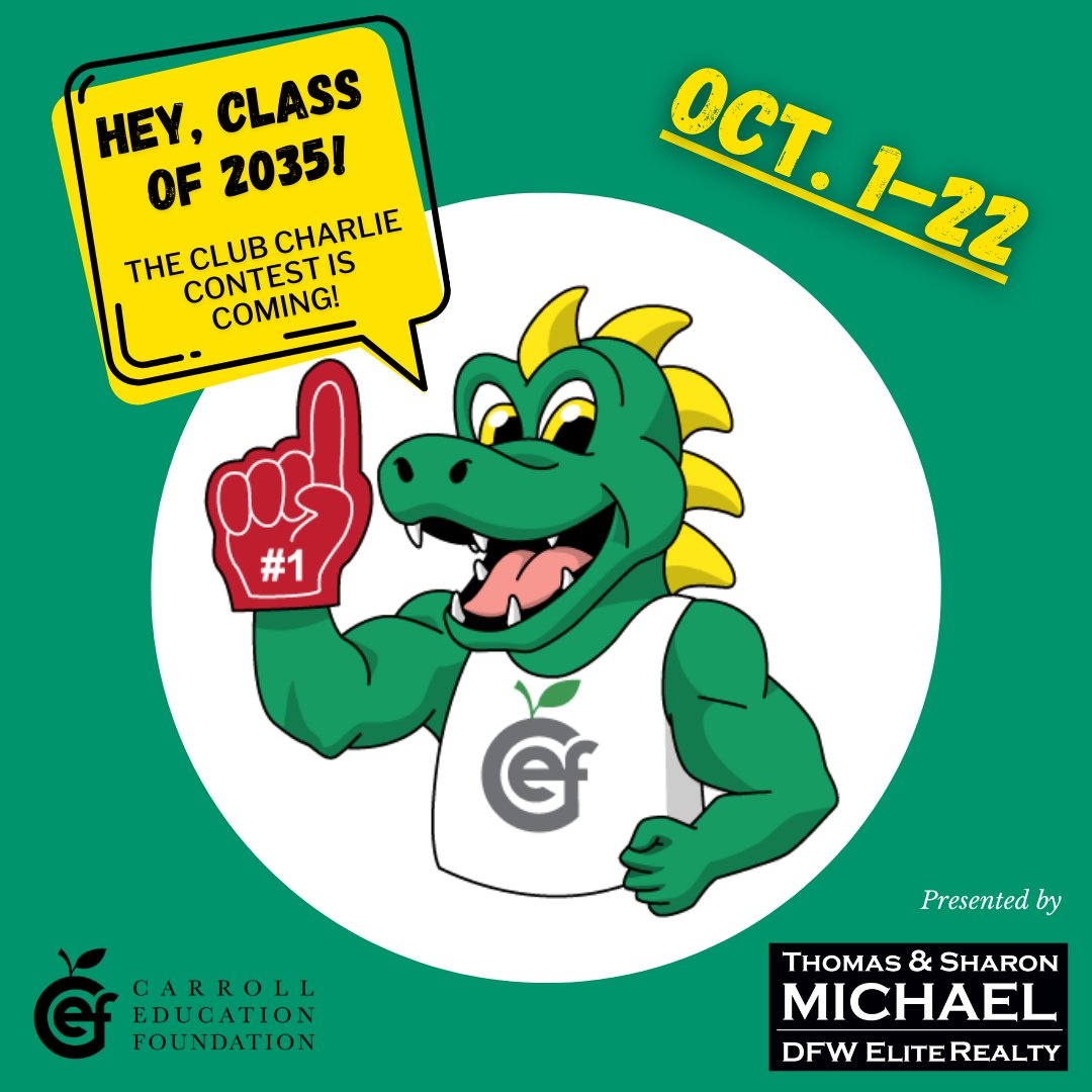 SouthlakeCEF's tweet photo. The Club Charlie Kindergarten Contest is coming! Send us a photo of your Kinder student posing in their Club Charlie t-shirt and with their Class of 2035 yard sign!
Send your photo to info@carrolleducationfoundation.org
#ClubCharlieClassof2035
#WeFundTeachers
#DFWEliteRealty https://t.co/7ILH2Pa0mz