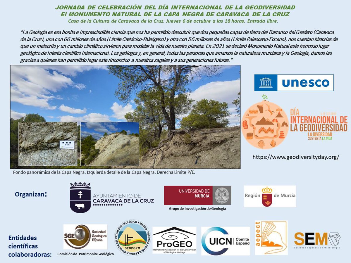 <a href="/patrimoniogeo/">Comisión de Patrimonio Geológico</a>, en colaboración con otras sociedades como <a href="/aepect/">aepect</a> , #SEDPGYM, #ProGEO, <a href="/CeUICN/">Comité Español UICN</a>  y <a href="/EspanolaSem/">Sociedad Española de Mineralogía-SEM</a>, vamos a colaborar en la organización de una Jornada el 6 de octubre en Caravaca de la Cruz (Murcia).
<a href="/sgeologica/">Soc Geológica España</a> #InternationalGeodiversityDay #Geodiversidad