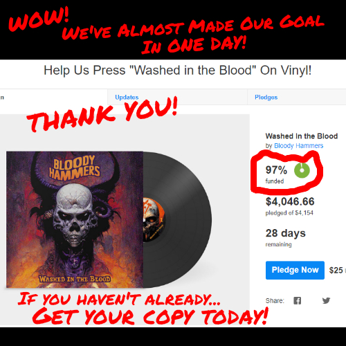 YA'LL CRAZY! Thanks so much! Almost funded after one day! If you want a copy, go get one (bloodyhammers.bandcamp.com/album/washed-i…). This won't be in stores and exclusive to this campaign with bandcamp. #newmusic #vinylcollection #horrorrock #vinylcommunity #HeavyMetal
