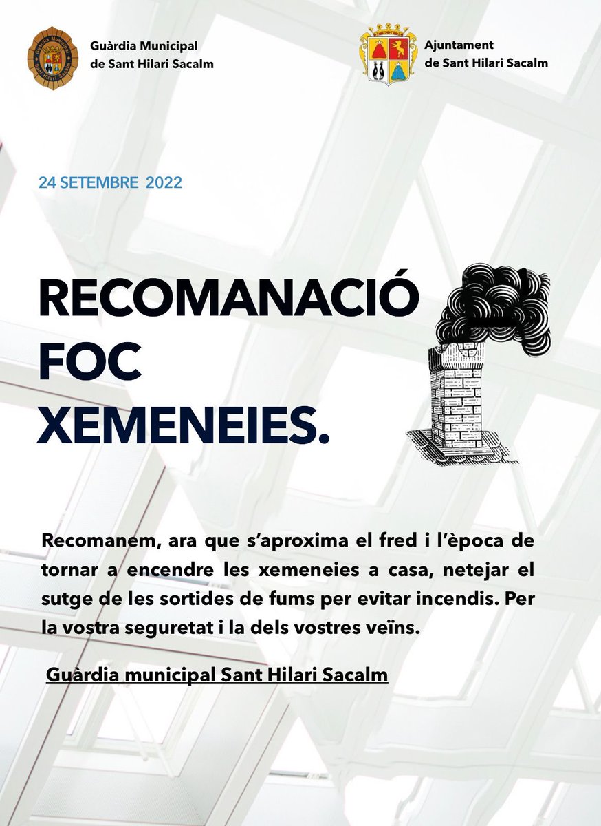 GMSacalm's tweet photo. Manteniment de xemeneies 🔥🪵

Abans d'encendre foc per primer cop, assegureu-vos de tenir les sortides de fums netes de sutge i en bon estat per tal que no provoquin un foc. https://t.co/A7luUrNm7m