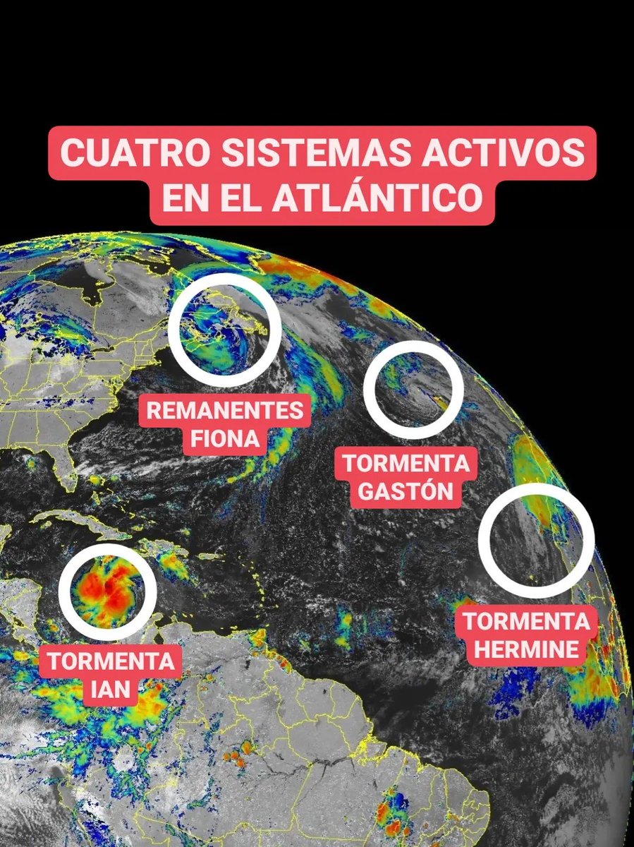 JeanSuriel's tweet photo. 🔴TOMEN NOTA🔴
Cuatro ciclones tropicales se encuentran activos en este momento en el Atlántico:

⚠️La Tormenta Ian se mueve en aguas del Mar Caribe, con ruta hacia el oeste de Jamaica y el sur de Cuba; se aleja de República Dominicana.

Sigue ⬇️ https://t.co/OQ1uKRSx3X
