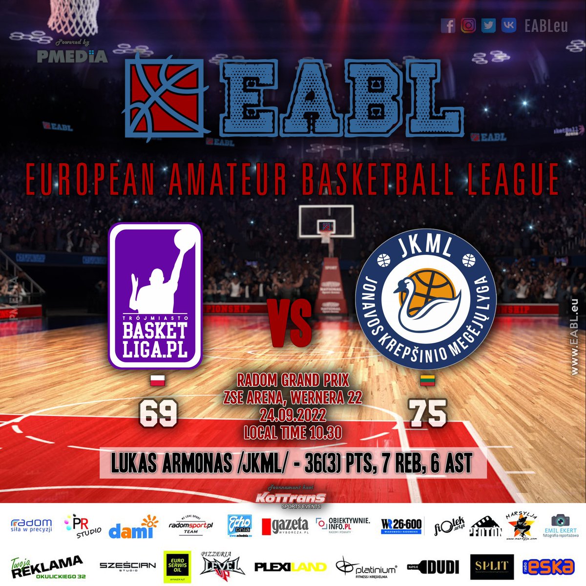 EABLeu's tweet photo. 2023 EABL Radom Grand Prix
https://t.co/HKL4B4iNpE (Poland) - JKML Jonava (Lithuania) 69:75 (16:15, 15:22, 27:17, 11:21)
️MVP: Lukas Armonas /JKML/ - 36(3) pts, 7 reb, 6 ast
#EABLeu #european #amateur #basketball #league https://t.co/xG6WV8z53D