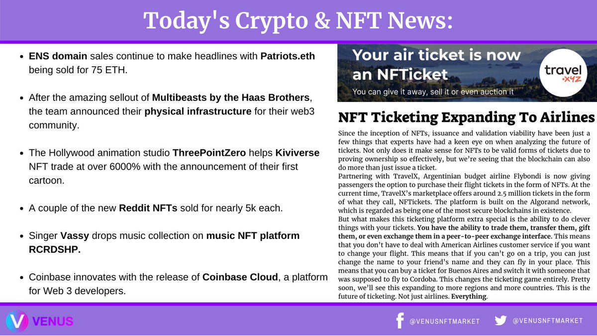 VenusNFTMarket's tweet photo. Your daily dose of information, brought to you by Venus.
What do you think about NFT ticketing? https://t.co/uQQ1VDriBV