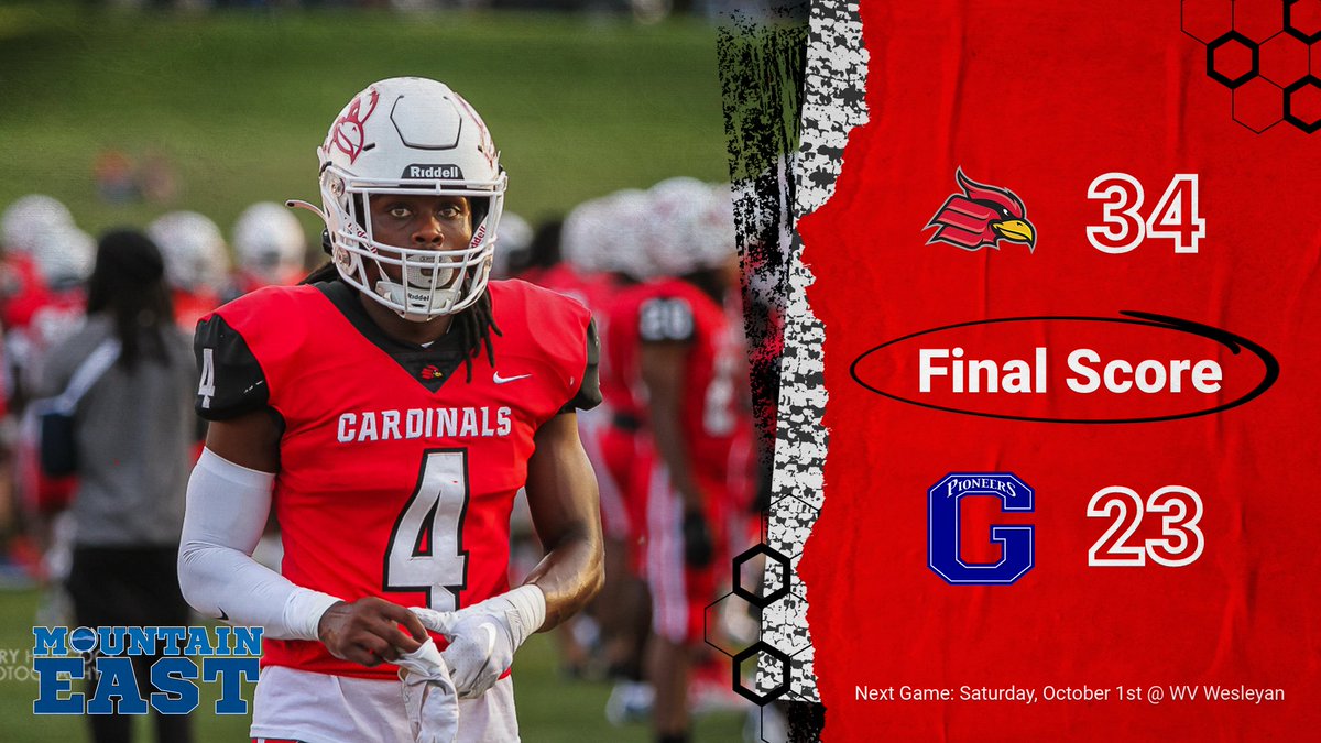 WUCardinals's tweet photo. Final Score: @WheelingU_FB takes down Glenville State 34-23!! Sy Alli rushes for 167 yards and goes over the 2,500 yard rushing mark for his career #GoCards https://t.co/mcGX2sn6i8