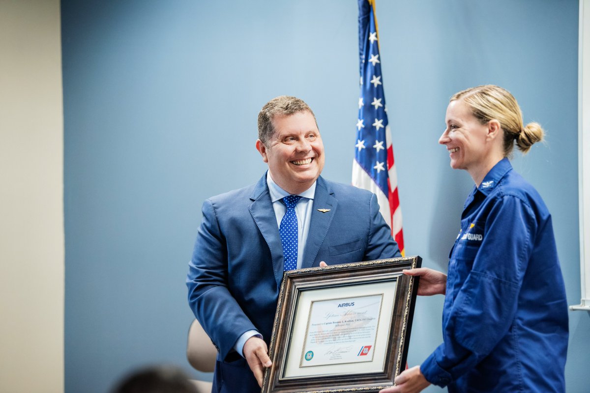 AirbusHeli_usa's tweet photo. .@USCG Captain B. Knutson is a true role model for all the young girls who dream about a career in #aviation. On behalf of #Airbus, R. Tremain presented Knutson with the Lifetime Achievement Award, recognizing her heroic accomplishments in the H-65 series #helicopter. #GIAD22 https://t.co/mrZi9iT4kW