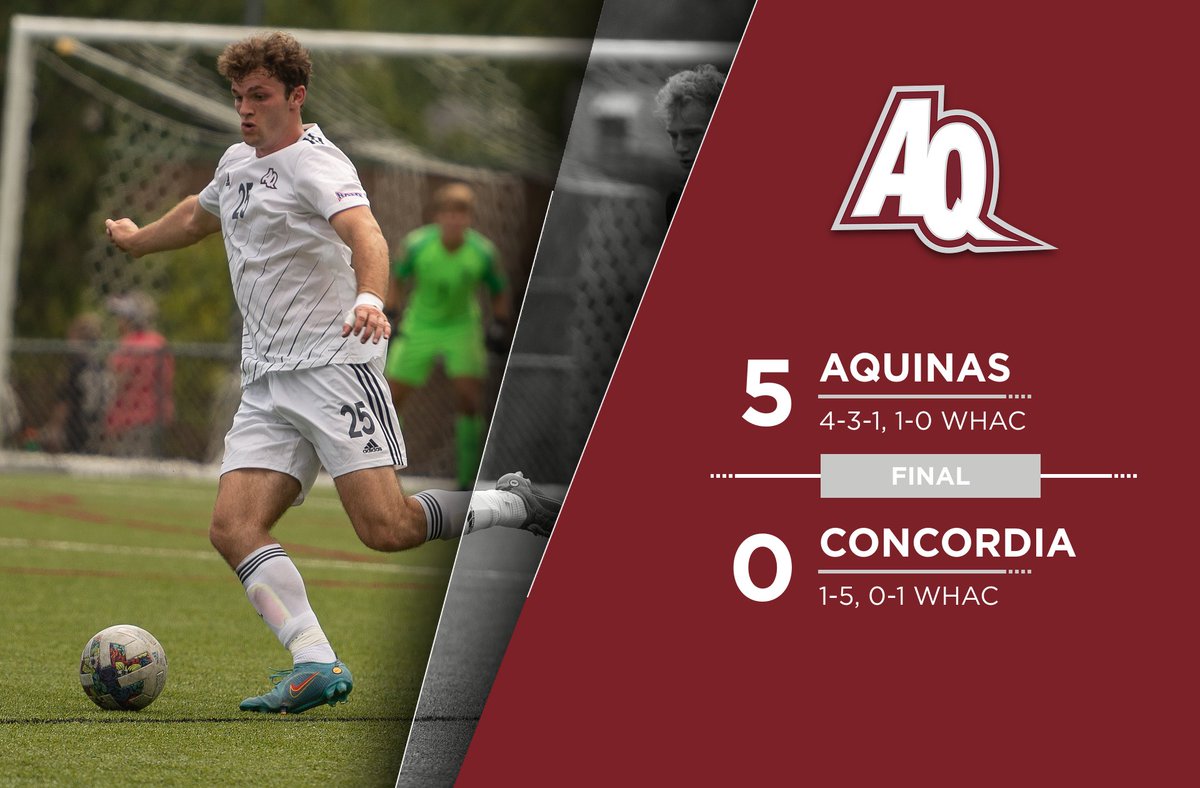 AQMensSoccer's tweet photo. FINAL: Aquinas 5, Concordia 0. The Saints shake off a scoreless first half with five goals in the final 45 minutes to earn a WHAC road win to start conference play. Mason Sills with a hat trick! #SaintsMarchOn https://t.co/X6EHCYjrHF