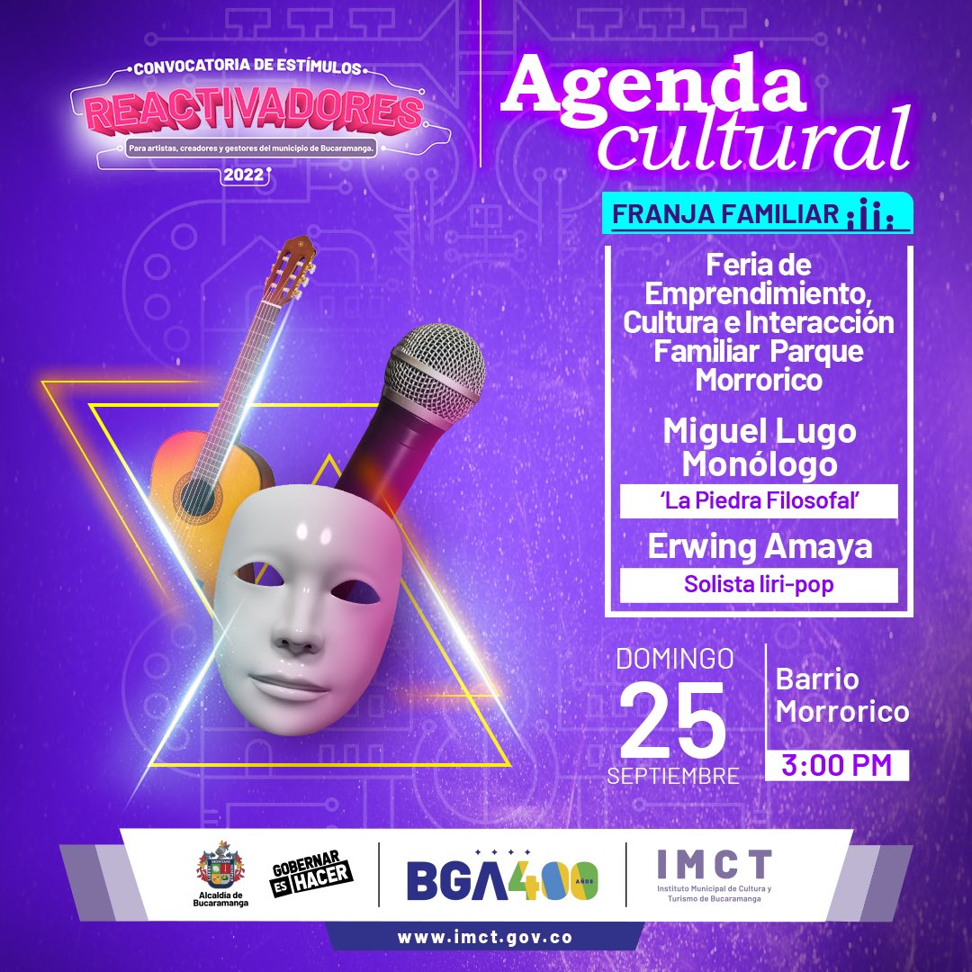 IMCTBGA's tweet photo. Nos vemos mañana a partir de las 3:00 p.m. en el Parque de Morrorico 🌳 para vivir una tarde familiar, cultural y apoyar a nuestros emprendedores.
#ConvocatoriaReactivadores #Cultura #Morrorico #BGA400 #BGA400Años https://t.co/cR5xAOyqbK