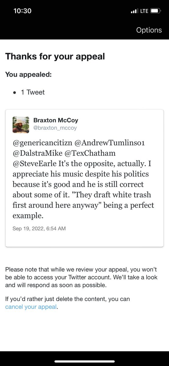BunkhouseInfo's tweet photo. Braxton’s account was suspended for quoting an anti-war lyric from a Steve Earle song. An appeal was filed; we haven’t received a response from Twitter yet. Here is a screen cap of the tweet. https://t.co/Yty3YMDGX1