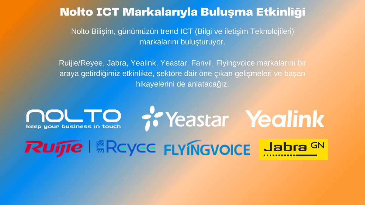 nolto_teknoloji's tweet photo. 04 Ekim 2022 Nolto ICT Markaları Etkinliği hakkında detaylı bilgi linkte: https://t.co/pacNRvg7pf
#bilişim #etkinlik #seminer #konferans #sergi #eğitim #telekomünikasyon #işgeliştirme #network #teknoloji #jabra #yeastar #nolto #fanvil #yealink #ruijie #reyee #flyingvoice https://t.co/EtT0Q1HWN8