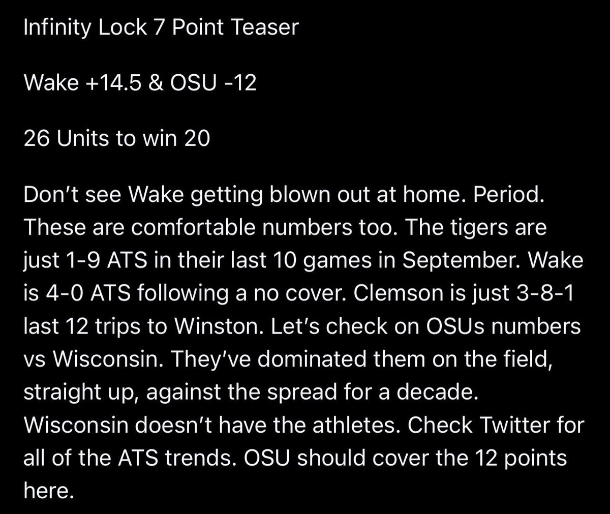 Menace2Picks's tweet photo. Why take OSU -19 when you can get them at -12? First half of the teaser hits with ease. 

✅Wake Forest +14.5
🙏🏽Ohio State -12

#InfinityLock #Teaser #GoBucks 
@jbook37 @CoachZachSmith 

https://t.co/6zN2a9Jkvf https://t.co/0F17q2Lffj