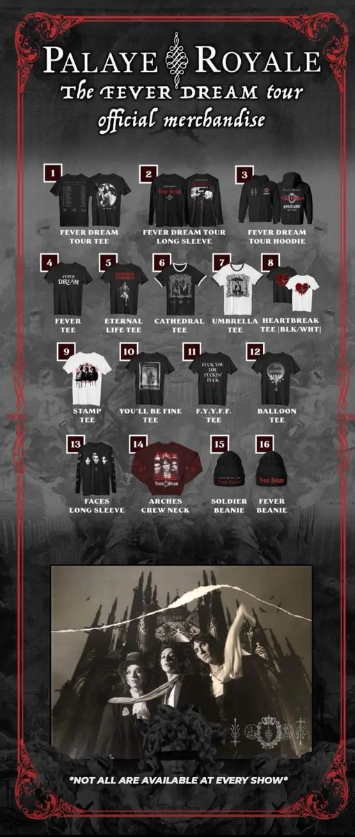 prtourupdates's tweet photo. Here's a list of merch that is available on the Fever Dream tour. 
*Not all merch is gonna be at every show. https://t.co/XqzLzlfSP7