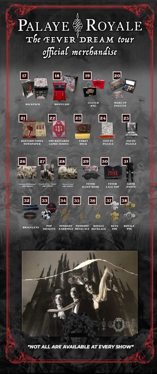 prtourupdates's tweet photo. Here's a list of merch that is available on the Fever Dream tour. 
*Not all merch is gonna be at every show. https://t.co/XqzLzlfSP7