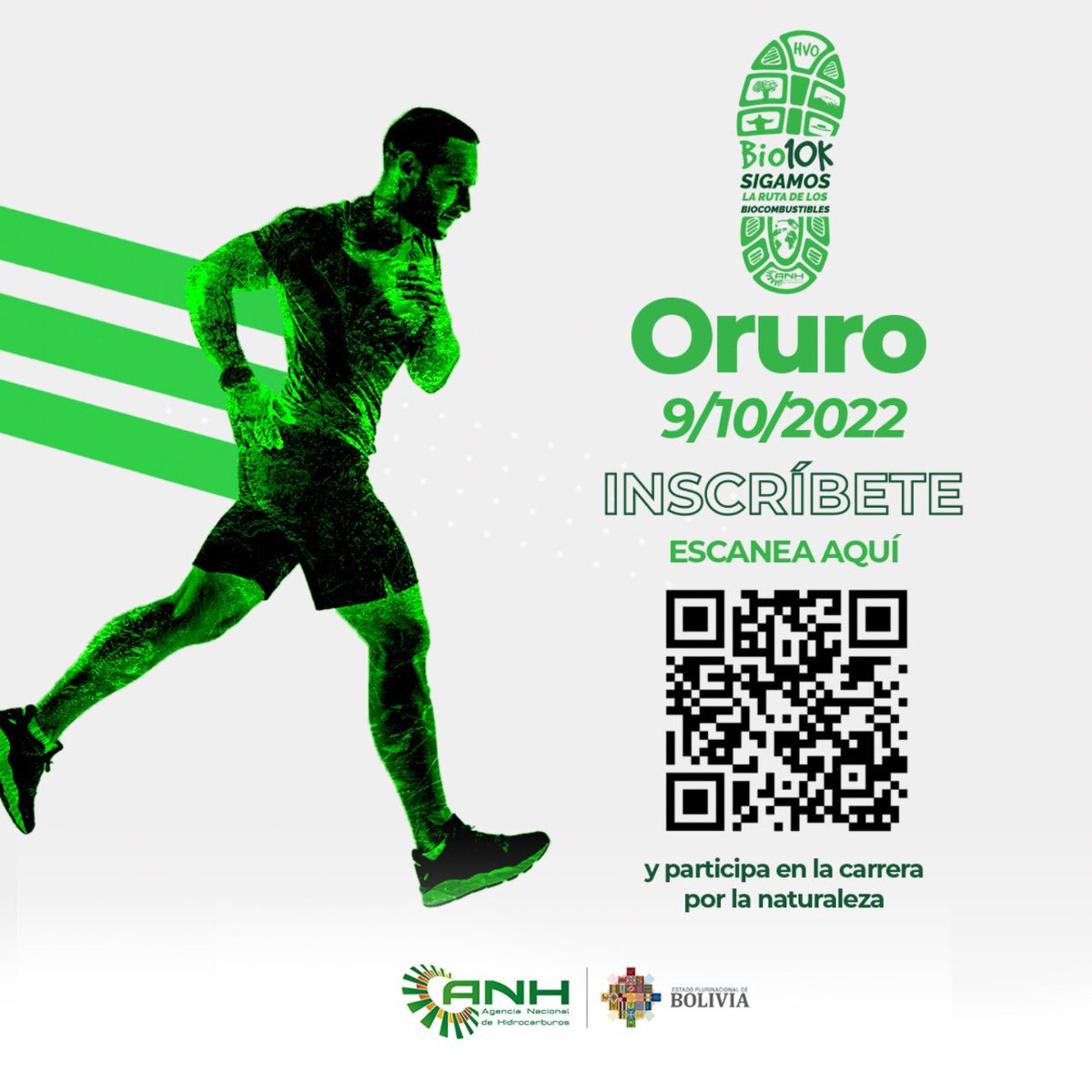 AnhBolivia's tweet photo. 🏃🏾🏃🏽‍♀️🌱 Participa de la carrera pedestre #Bio10K “Sigamos la ruta de los Biocombustibles” que se realizará en #Oruro el próximo 09 de octubre y concientizate para que juntos cuidemos del medio ambiente. 
📲 Escanea el código QR e inscríbete  https://t.co/Pjr8T0zblD
#bio10k https://t.co/a935adrvfk