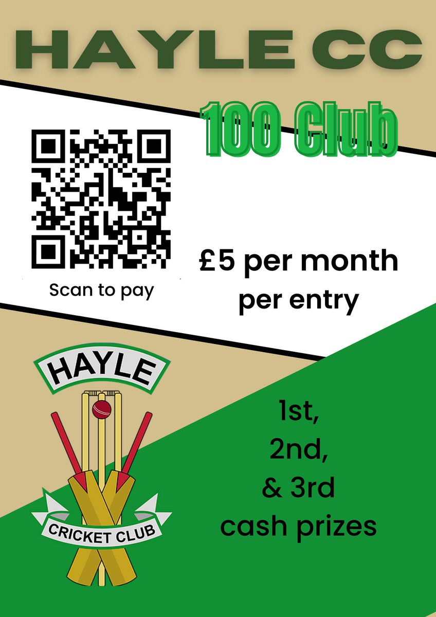 Make sure to subscribe to Hayle CC's 100 Club for just £5 a month to really help support the club through the winter months and for a chance to win three cash prizes!
buy.stripe.com/dR6aIe4UJfYc6h…