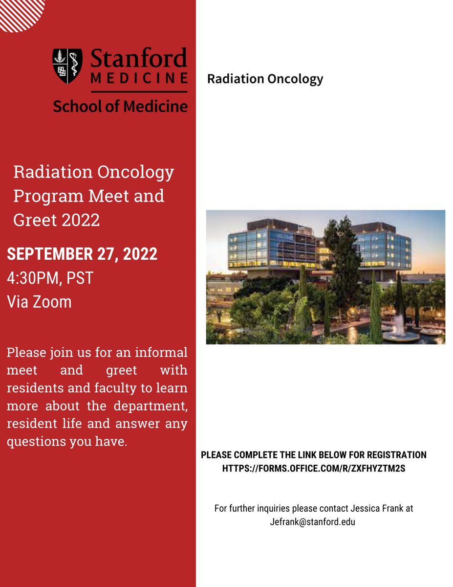 🎉MS4 RadOncs, congrats on ERAS! 👋🏼We’re excited to see you all at our Program Meet & Greet! Excited to share with you our experiences here at ⁦@StanfordRadOnc⁩ Sign up today! 🔗 forms.office.com/pages/response…