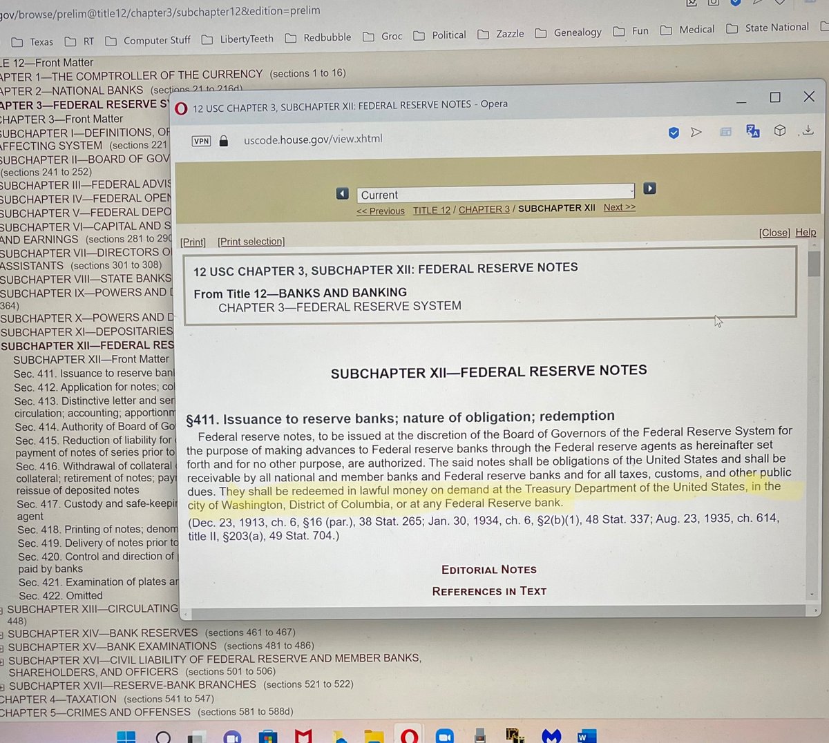 TexFontaholic's tweet photo. We have “monopoly” money, not LAWFUL money 

12 US Code Ch 3, Subchapter 12, #FederalReserveNotes
Section 411
[FRNs are not lawful money, just legal tender] https://t.co/I68Ofg8gRl