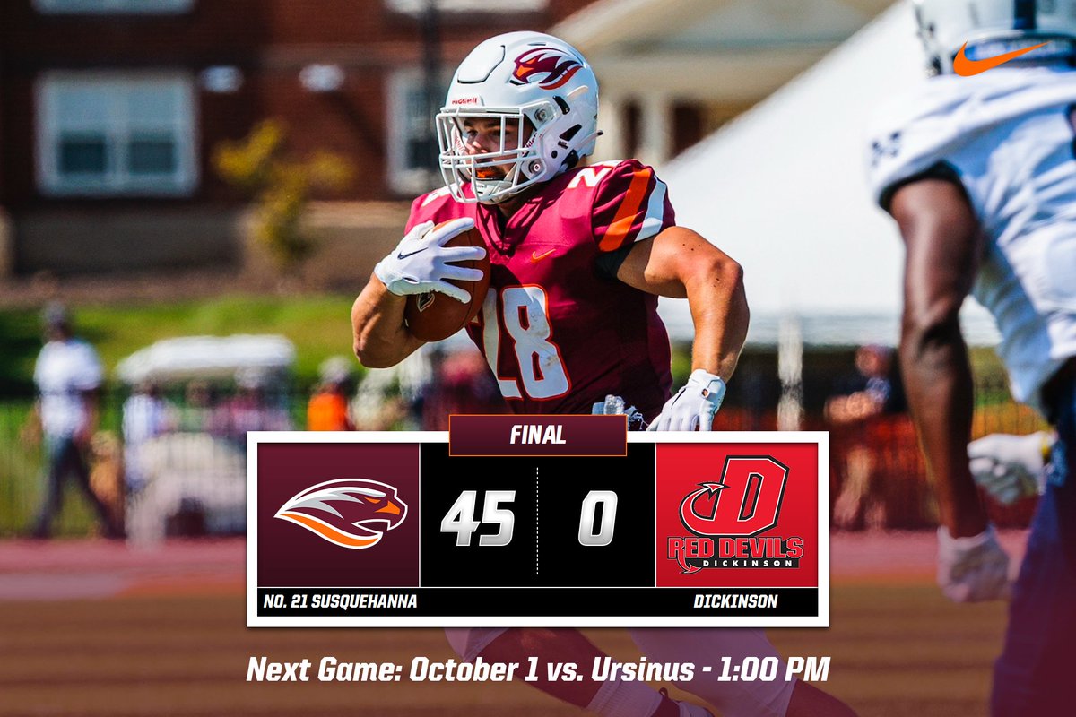 GOSusqU's tweet image. FB | FINAL SCORE FROM CARLISLE. 

Dominating performance for @SURiverHawksFB, as SU moves to 4-0 on the season. Negrini goes for 103 and a score, while defense forces four turnovers. 

Great job guys!

#AllIn // #GoSU // #RiverHawkPride // #d3fb