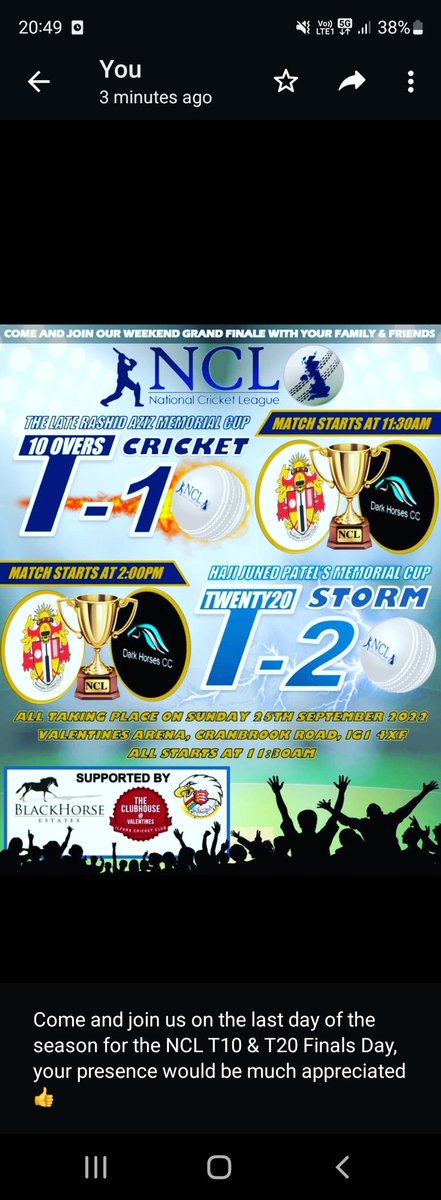 The NCL invite you all on our final day of Cricket we have the T10 &amp; T20 Final on show, your presence would be much appreciated...
