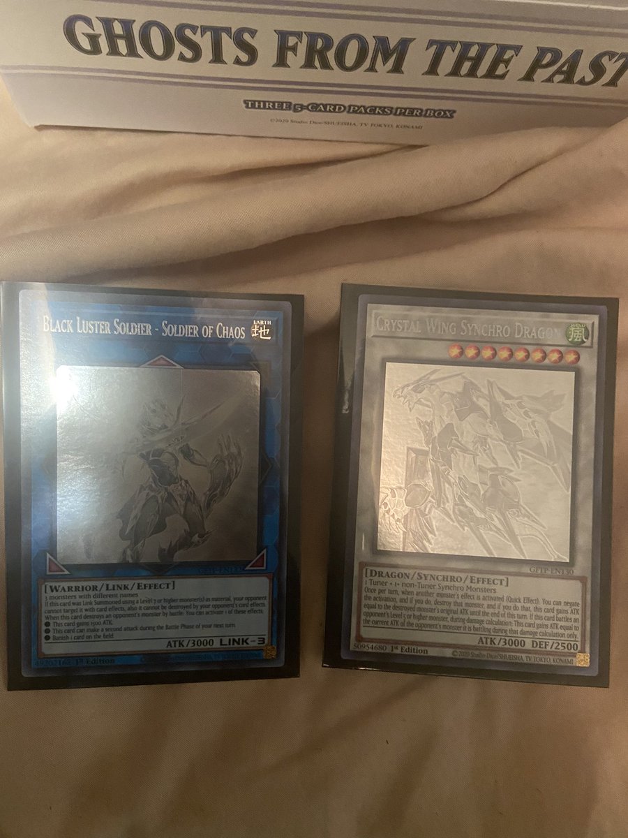 drjermainejdm's tweet photo. Pulled two ghost rates same box! Whoa lol. Good start for just getting back into yugioh #gftp #ghostrares #ghostrare #yugioh #blacklustersoldier #ghostsfromthepast #crystalwing https://t.co/AfBGgdDby6