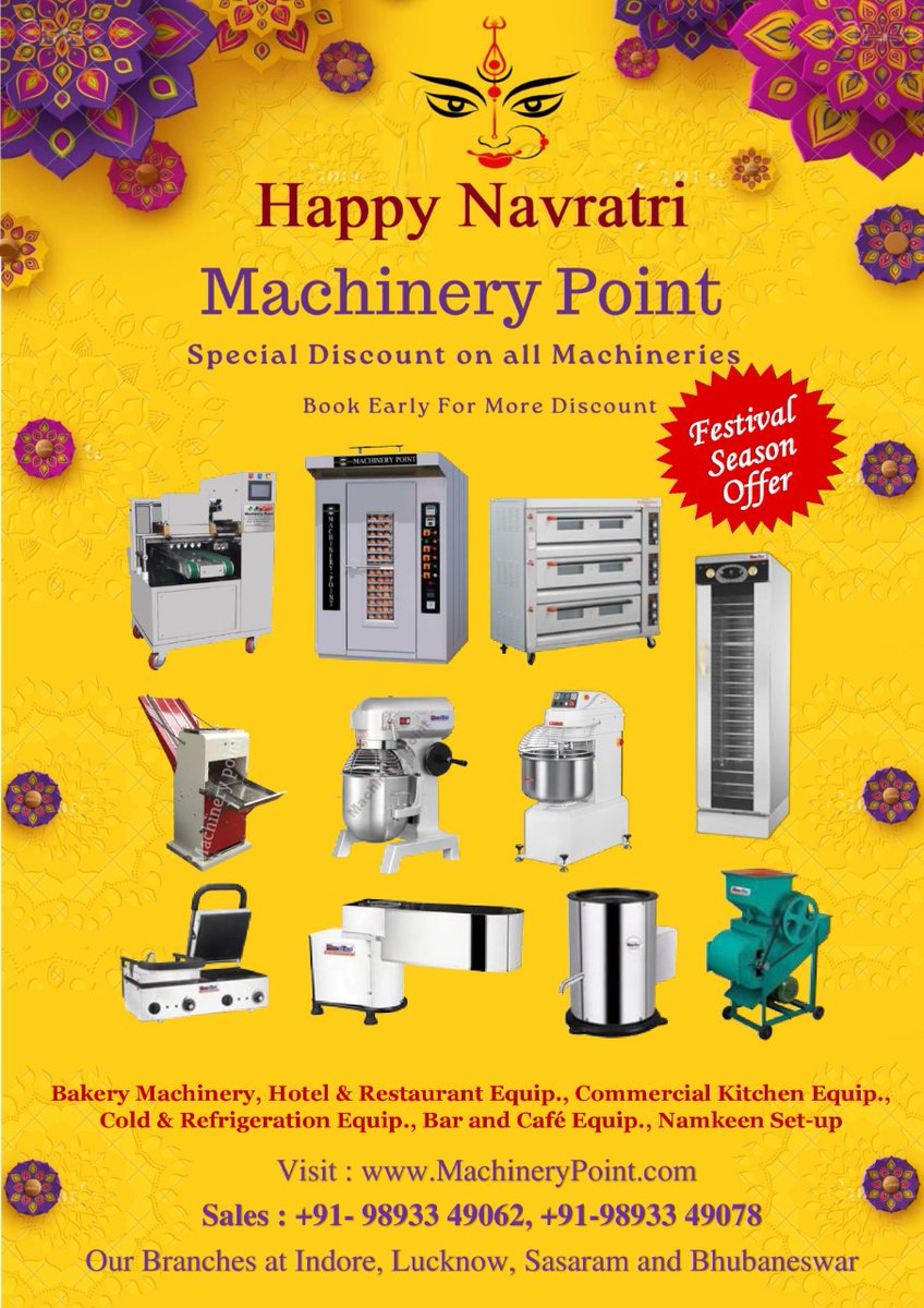 MachineryPoint's tweet photo. Happy Navratri, Special Discount on all machineries, Book early for more discount, Call +91-9893349062 , 9893349078 , #bakerymanufacturer #FoodProcessingEquipment #foodprocessingmachine #bakeryovensforsale #bakeryovenprices #BakeryOven #bakerymachines #bakeryclass #bakerylife https://t.co/GDGyxL4tuL