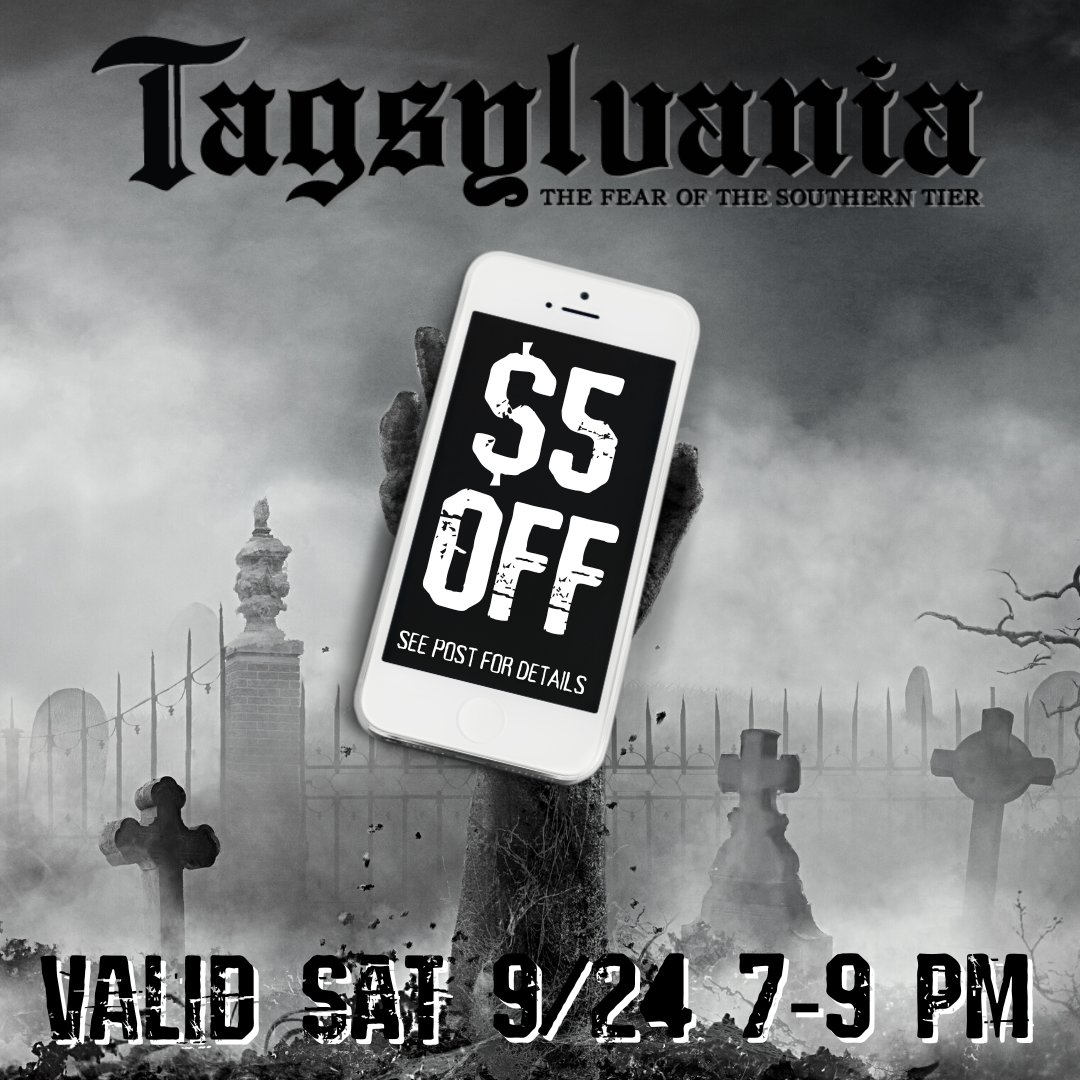 Tagsylvania's tweet photo. FLASH SALE🔥Tonight only from 7 - 9 pm, present this picture at the Box Office to receive $5 off a 3 or 4 attraction pass ticket!
#tagsylvania #hauntedattractions #hauntedhouse https://t.co/5ICcUH9MYK