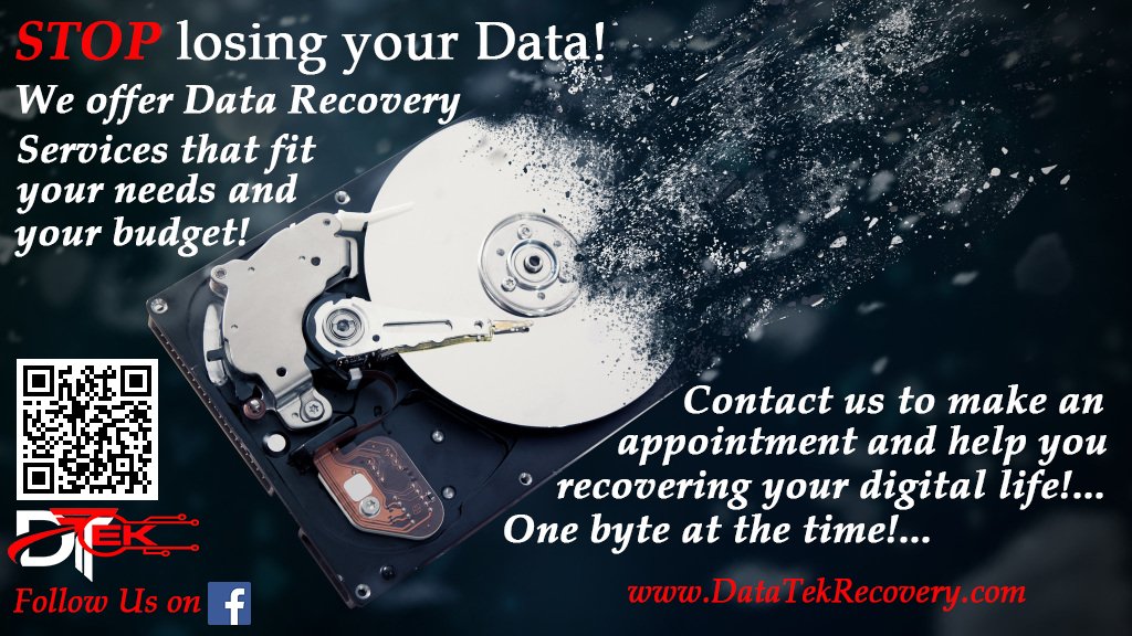 DataTekRecovery's tweet image. Give us a call today or text us for an appointment or visit us at DataTekRecovery.com for more information!
#DataRecovery #TekNetG #DataTekRecovery #DisasterRecovery #Backup #InformationTechnology #HardDriveRecovery #harddrivefailure #DataRecoveryServices #ComputerServices