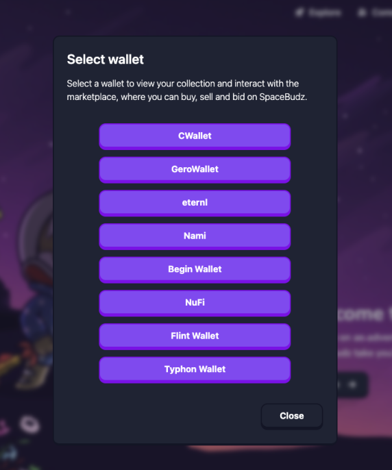 You can now use <a href="/FlintWallet/">FlintWallet</a> <a href="/TyphonWallet/">Typhon Wallet</a> @CWallet_fi <a href="/NuFi_Official/">NuFi wallet (OLD)</a> <a href="/BeginWallet/">Begin</a> &amp; <a href="/GeroWallet/">Gero</a> to interact with spacebudz.io 🚀