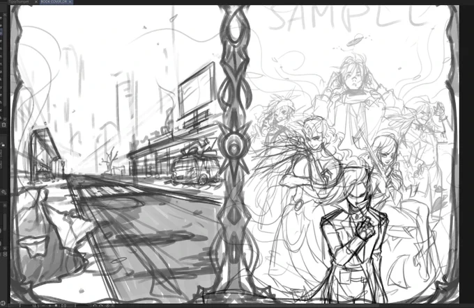 WIP for the book coverrr!!! 
Gonna work on it in a few minutes for the ART STREAM on my YT channel (link in the thread) 