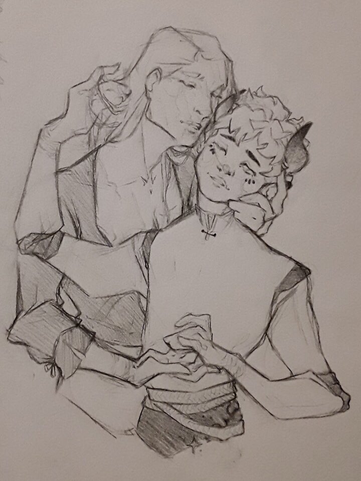 systemreset5's tweet image. I did a little sketch commission recently for my good friend @WreathofLaurel_ of his D&amp;amp;D character, a tief named Delaney and their boyfriend in progress (they’re courting) Pesh who belongs to @gildedruin !! 
It was such a fun one, I love to draw soft queers y’all