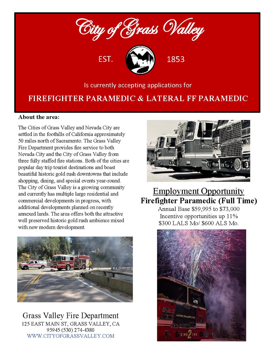 grassvalleyfire's tweet photo. @GRSNEVFIRE Grass Valley Fire Department is now hiring Firefighter Paramedics and Lateral Firefighter Paramedics. Applications and Job Description can be downloaded at https://t.co/ctSMZXJpq4. Applications will be accepted through October 7, 2022. https://t.co/43sX2oEwOT