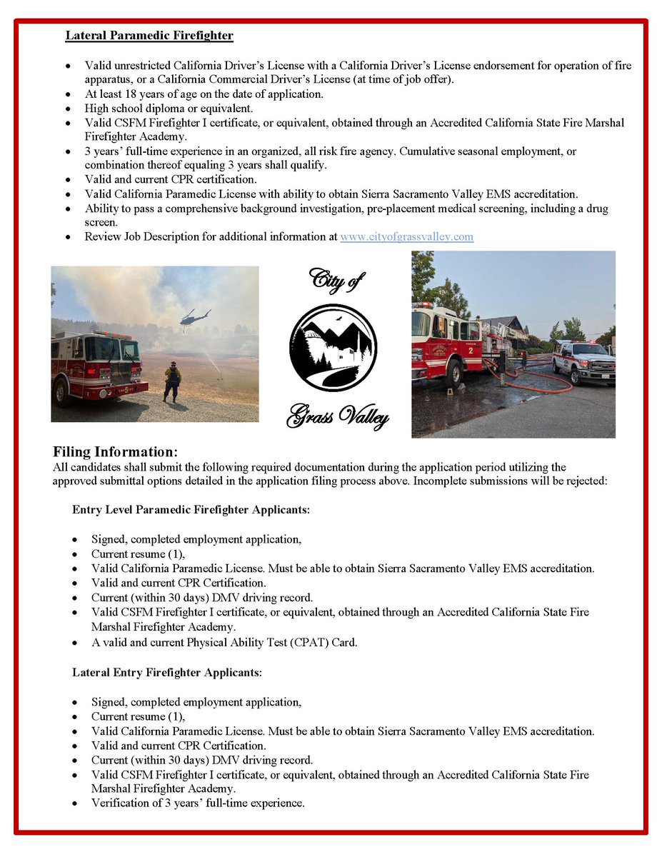 grassvalleyfire's tweet photo. @GRSNEVFIRE Grass Valley Fire Department is now hiring Firefighter Paramedics and Lateral Firefighter Paramedics. Applications and Job Description can be downloaded at https://t.co/ctSMZXJpq4. Applications will be accepted through October 7, 2022. https://t.co/43sX2oEwOT