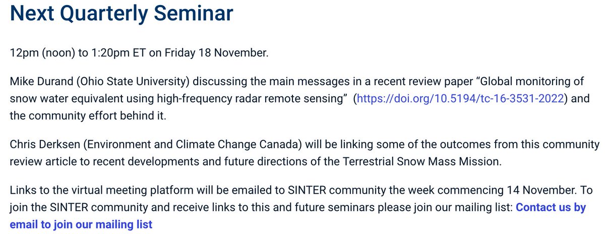 Save the date! We have two speakers lined up for our next SINTER seminar on Friday 18 November:
M. Durand @hydrogawker 
C. Derksen <a href="/C_Derksen/">Chris Derksen</a>  
See: nsidc.org/sinter#anchor-0