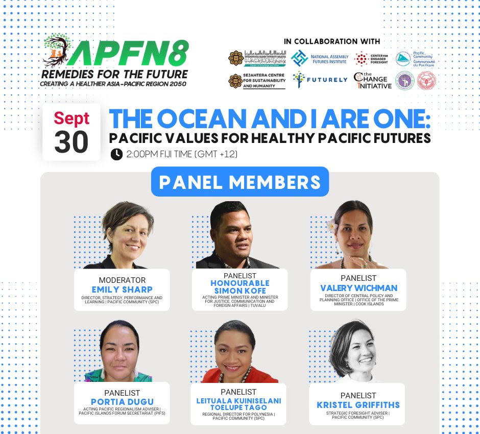 On 30th September, <a href="/Simon_Kofe/">Simon Kofe</a> will be appearing alongside distinguished panelists to discuss #Pacific values for healthy Pacific Futures. Join us for #AFPN8 <a href="/spc_cps/">Pacific Community</a>
