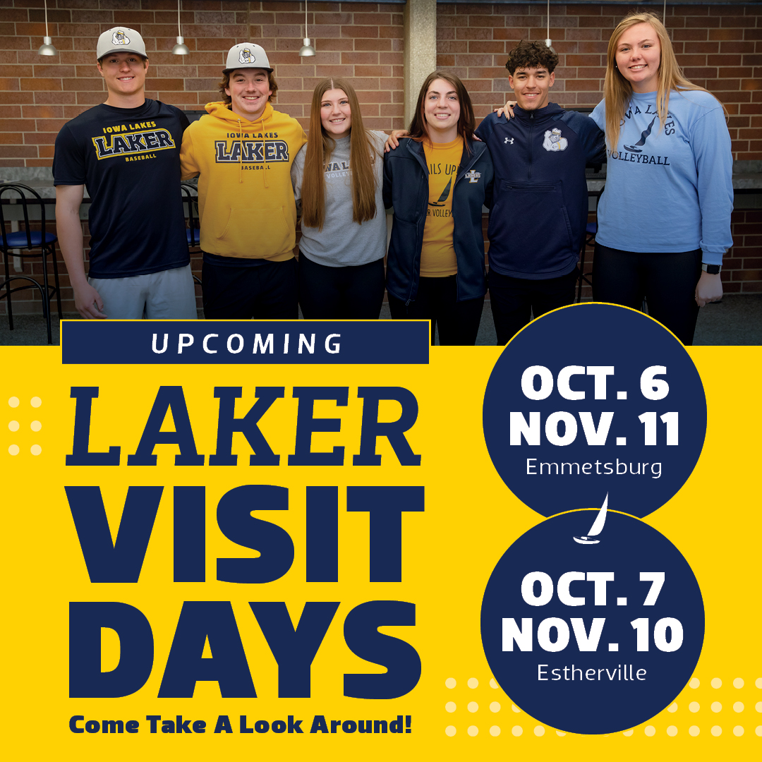 Some of our favorite days at Iowa Lakes are Laker Visit Days! Please take note of the upcoming dates, as they are approaching quickly. Sign up here: iowalakes.edu/admissions/vis….

We can't wait to welcome you! #LakerProud