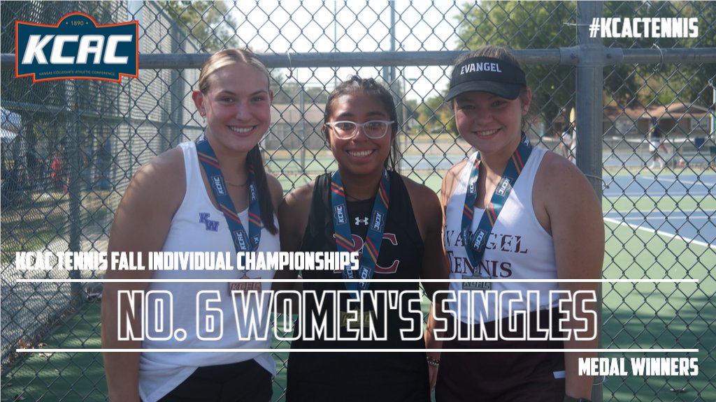 Congratulations to our No. 6 Women's Singles medal winners here at the 2022 KCAC Tennis Fall Individual Championships! #KCACtennis

1st: Huerta, <a href="/ThreshersSports/">Bethel Threshers ⚙</a>    
2nd: Overturf, <a href="/EvangelValor/">Evangel Athletics</a>     
3rd: Butler, <a href="/kwucoyotes/">Kansas Wesleyan Coyotes</a>      

Bracket: bit.ly/3qZhAXS

<a href="/NAIA/">NAIA</a>
