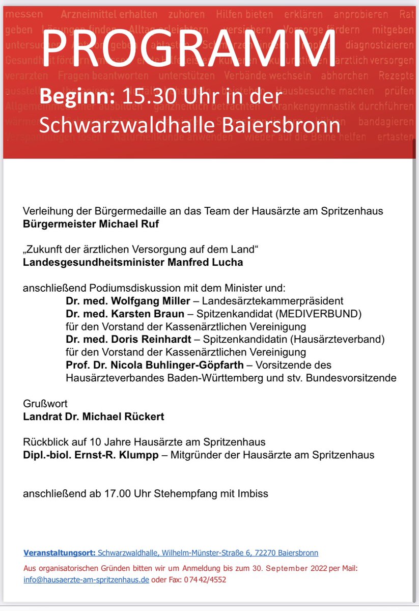 regiopraxis's tweet photo. Einladung zu 10 Jahre „Hausärzte am Spritzenhaus“ - @regiopraxis #KVBW am 06.10.2022 nach #Baiersbronn. Wir feiern u.A. mit @mannelucha, @WoMiller28, @DrKarstenBraun und @NBuhlinger.
Anmeldung bis zum 30.09.2022 unter info@hausaerzte-am-spritzenhaus.de
@MEDIVERBUND - @MEDI_MVZ https://t.co/3oKI7Pj8F4