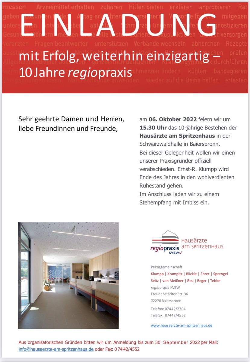 regiopraxis's tweet photo. Einladung zu 10 Jahre „Hausärzte am Spritzenhaus“ - @regiopraxis #KVBW am 06.10.2022 nach #Baiersbronn. Wir feiern u.A. mit @mannelucha, @WoMiller28, @DrKarstenBraun und @NBuhlinger.
Anmeldung bis zum 30.09.2022 unter info@hausaerzte-am-spritzenhaus.de
@MEDIVERBUND - @MEDI_MVZ https://t.co/3oKI7Pj8F4
