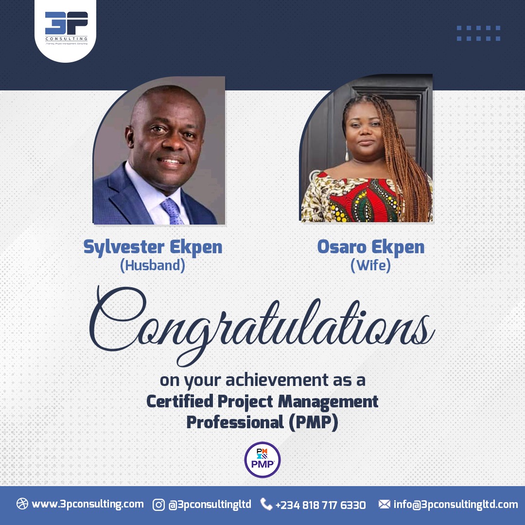 3pconsultingltd's tweet photo. We love good news, yes! but what we love more is couples getting PMP Certified. Here at 3P Consulting Limited, we've set the trend on not just winning but #winningtogether with your partner.Congratulations Osaro  and Sylvester Abumere Ekpen. #pmpcertified #couplegoals https://t.co/JVCyl5om0b