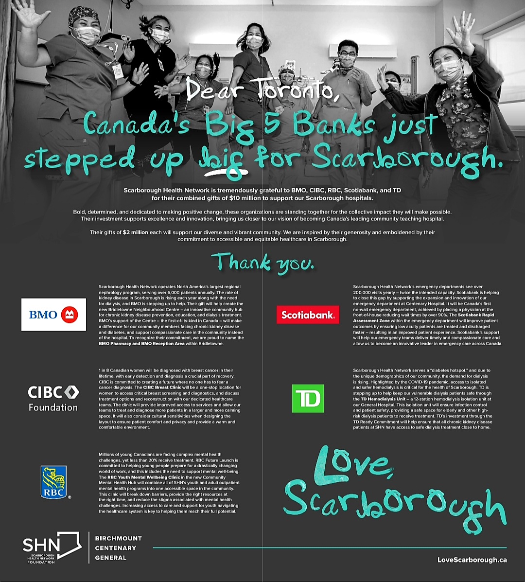 MYorke27's tweet photo. Fantastic news for @SHNcares &amp; @SHNFoundation recognized in Saturday's @globeandmail! Building support for #healthcare! Canada's big 5 banks on board!  @RBC
@BMO @scotiabank @cibc #TDBank #LoveScarborough #EastEnd #SteppingUp #ThankYou https://t.co/U2cSSNQ6Tr #LoveScarborough https://t.co/RDHo4gfqQC