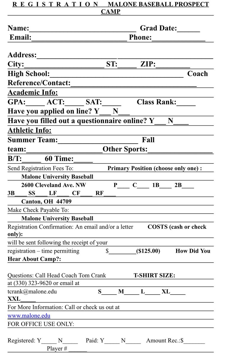 A great opportunity for uncommitted players looking to showcase their talents! If you are looking to play at the next level, take advantage of the Malone Prospect Camp coming up on Sunday October, 2nd! <a href="/BaseballMaloneU/">Malone Baseball</a>