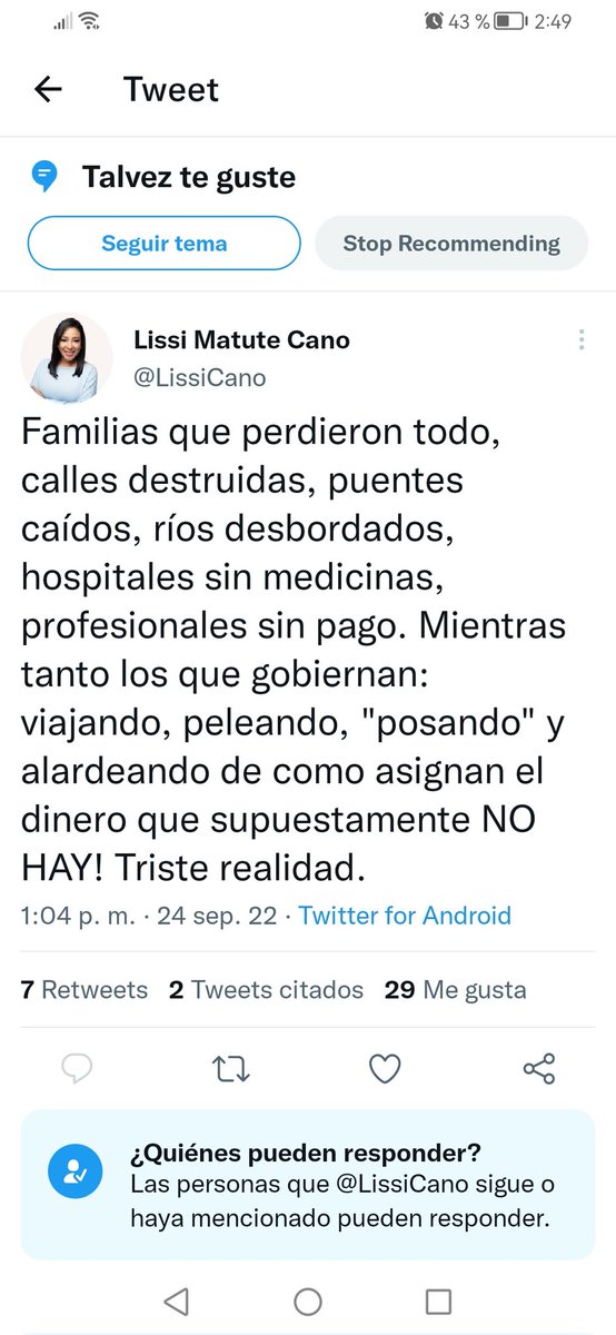 Señora <a href="/LissiCano/">Lissi Matute Cano</a> ya que usted bloqueo para que nadie le critique, contesteme una Pregunta, su Presidente porqué no hizo la Represa del tablon aaa digame que hicieron con ese dinero, osea es bueno criticar el patio del vecino cuando en su patio fue o es una chanchada, corruptos