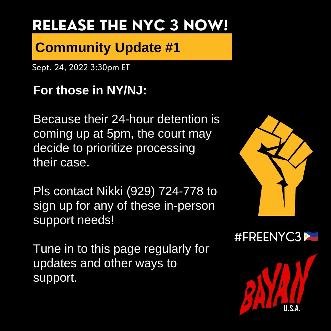 ABManhattan's tweet photo. Please read and share our updates and ways you can aid in our campaign to FREE NYC 3! Truly, the people united will never be defeated! Ang tao, ang bayan, ngayon ay lumalaban!

#FreeNYC3 #MarcosMagnanakaw #DefeatFascism #ActivismIsNotACrime https://t.co/fGvku2yDAd