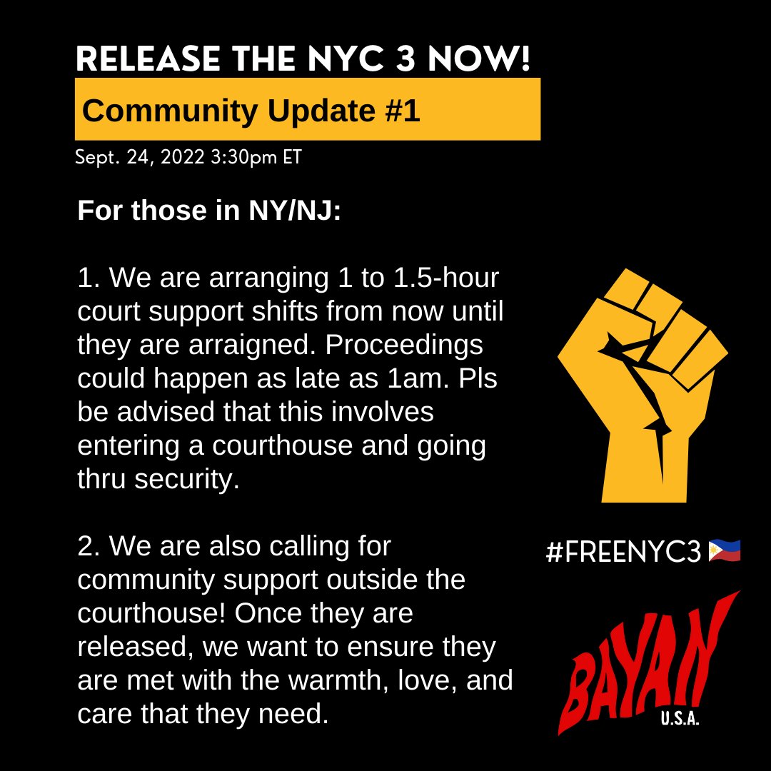 ABManhattan's tweet photo. Please read and share our updates and ways you can aid in our campaign to FREE NYC 3! Truly, the people united will never be defeated! Ang tao, ang bayan, ngayon ay lumalaban!

#FreeNYC3 #MarcosMagnanakaw #DefeatFascism #ActivismIsNotACrime https://t.co/fGvku2yDAd