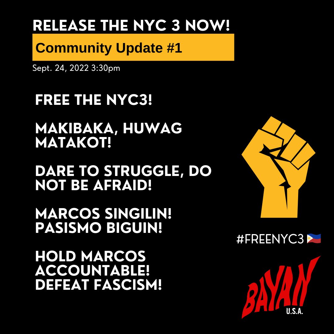 ABManhattan's tweet photo. Please read and share our updates and ways you can aid in our campaign to FREE NYC 3! Truly, the people united will never be defeated! Ang tao, ang bayan, ngayon ay lumalaban!

#FreeNYC3 #MarcosMagnanakaw #DefeatFascism #ActivismIsNotACrime https://t.co/fGvku2yDAd