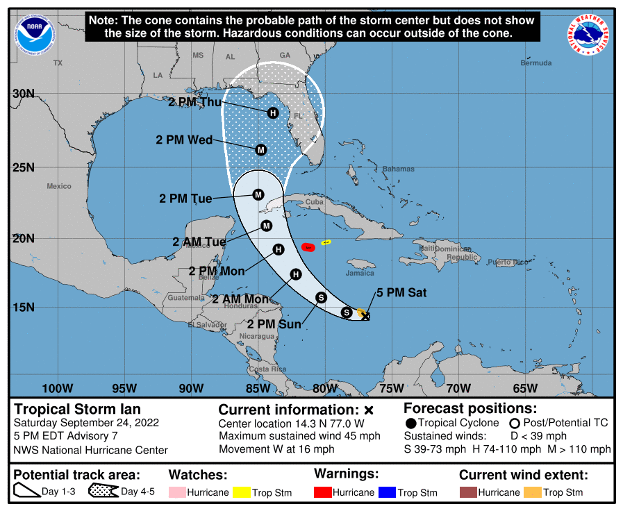 hurrtrackerapp's tweet photo. The NHC just shifted the track for #Ian west some and raised the forecasted peak winds to 130 mph. Interests along the west coast of FL and the FL Panhandle should monitor this storm closely and have a plan ready to execute. Listen to local officials as well. Stay aware! https://t.co/DBVPDkukyO