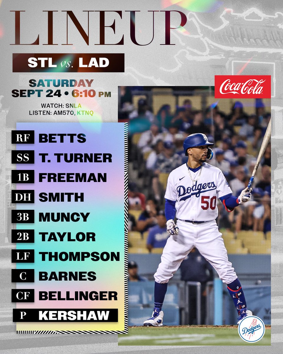 Dodgers's tweet photo. Tonight’s #Dodgers lineup vs. Cardinals: https://t.co/3Rwjiylvtj